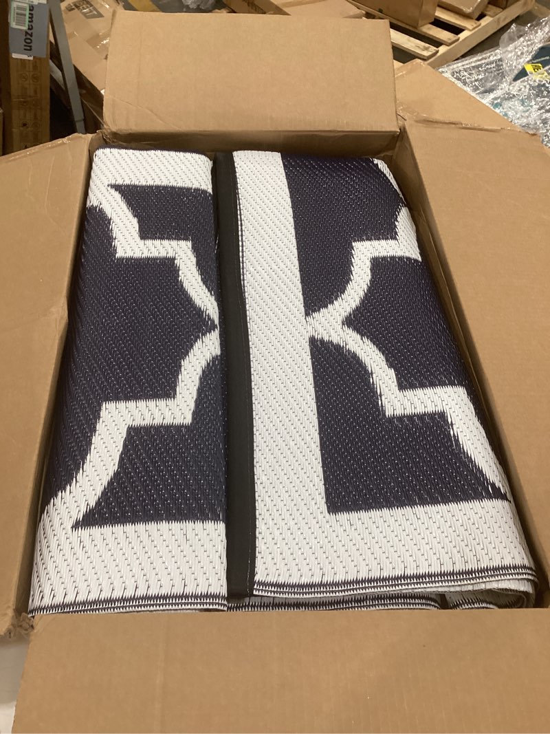 Condition photo showing As Is for genimo outdoor rug 8' x 10' patio waterproof, foldable reversible plastic straw area rugs mat for camper decor, outside carpet for rv, deck, porch, picnic, beach, balcony, blue & white navy blue & white 8' x 10' (rectangular)
