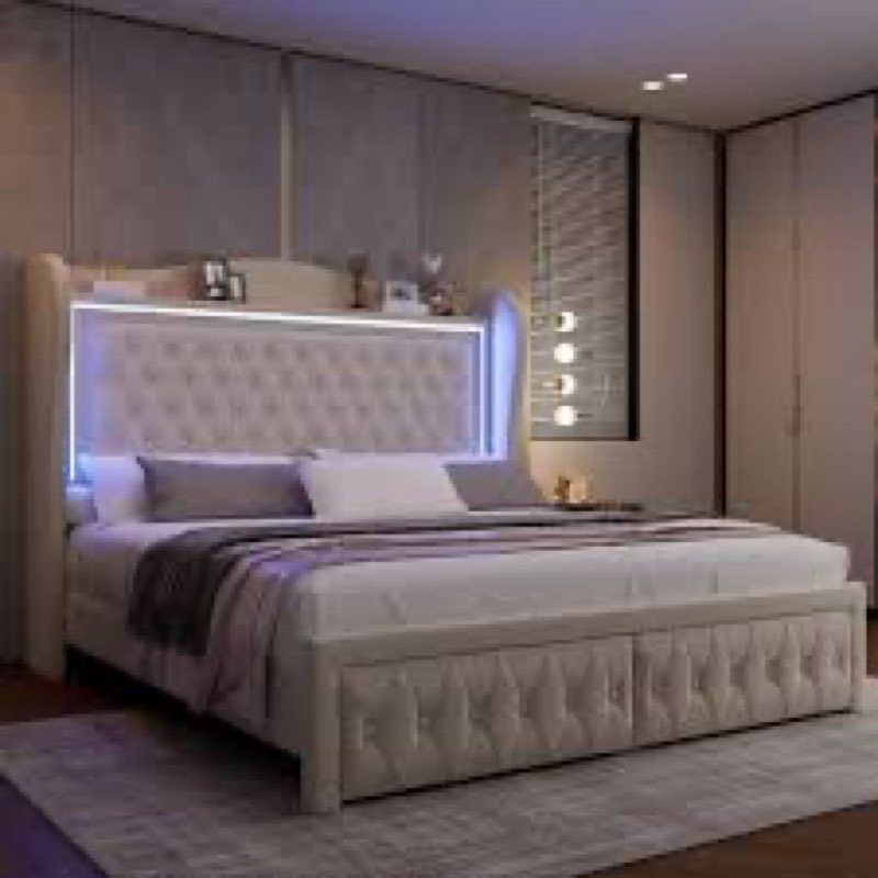 Kaliya Velvet Upholstered Wingback Platform Bed with LED Lights, Wood Bed Frame With 2 Storage Drawers