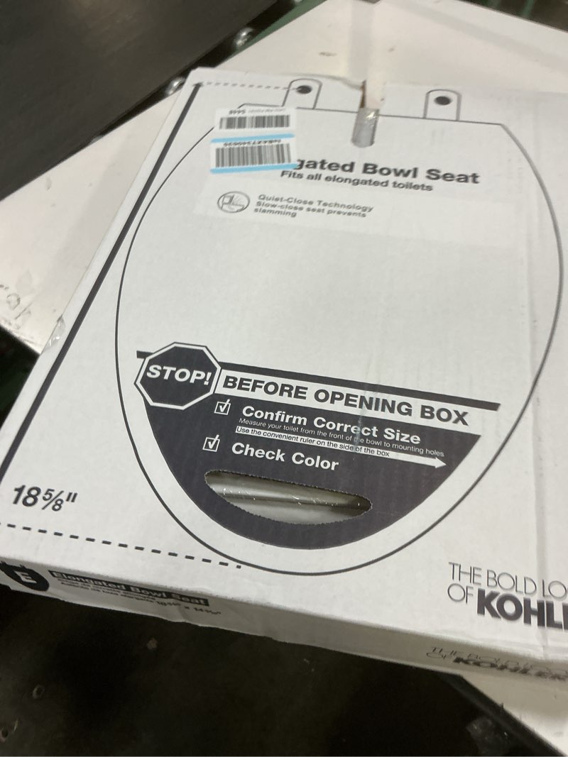Condition photo showing New/Like New for kohler k-20110-0 brevia elongated toilet seat with grip-tight bumpers, quiet-close seat, quick-attach hardware, white