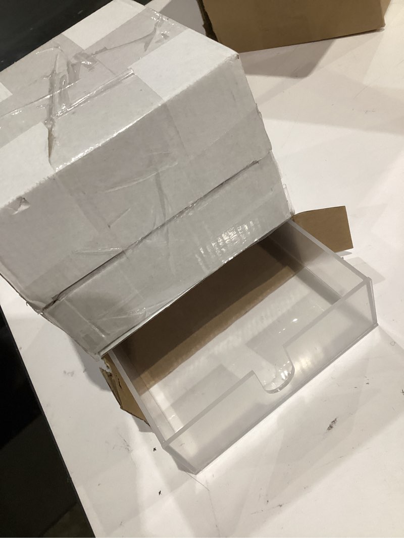 Condition photo showing Good Condition for 3 pack clear acrylic napkin holders, 5.5 inch square cocktail napkin dispenser for table, bathroom, kitchen, dinner party essentials