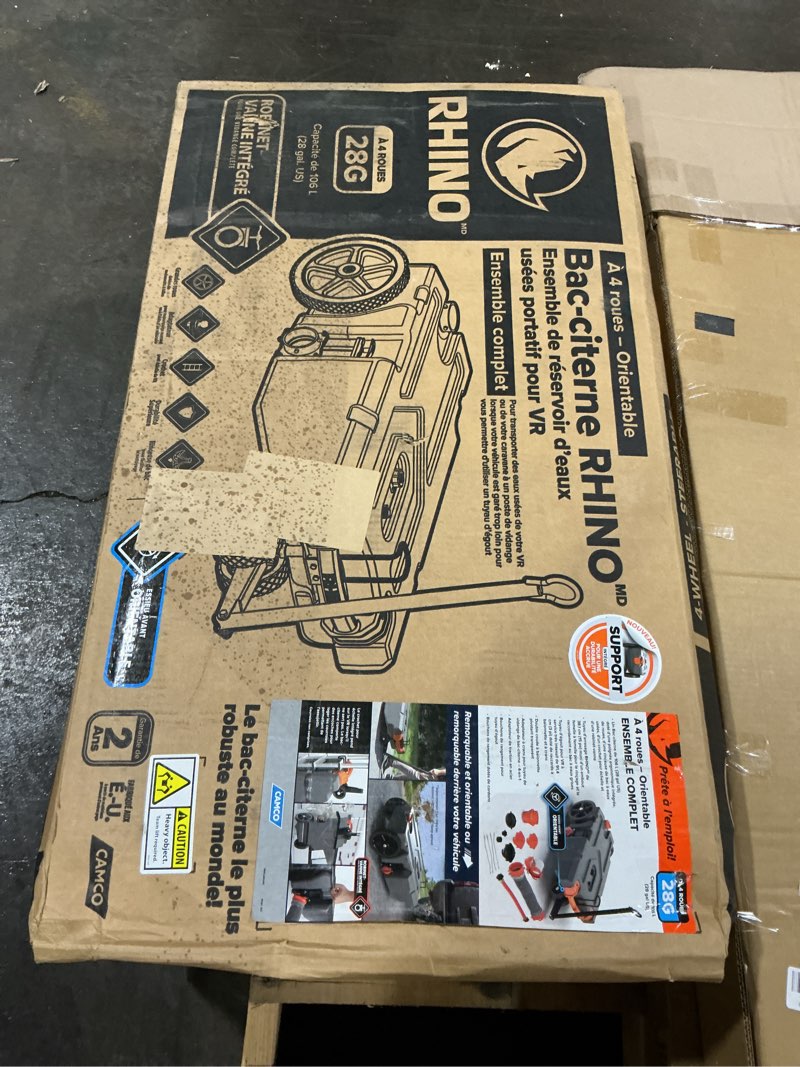 Condition photo showing New/Like New for camco rhino 28-gallon portable rv tote tank - features 2 steerable no-flat front wheels & built-in gate valve - includes removable 24" tow bar, 3’ sewer hose & more rv accessories (39005) 28 gallon deluxe (4 wheel)