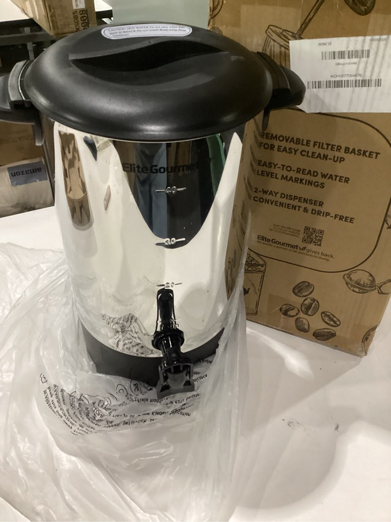 Condition photo showing As Is for elite gourmet ccm040 stainless steel 40 cup coffee urn removable filter for easy cleanup, two way dispenser with cool-touch handles electric coffee maker urn, stainless steel