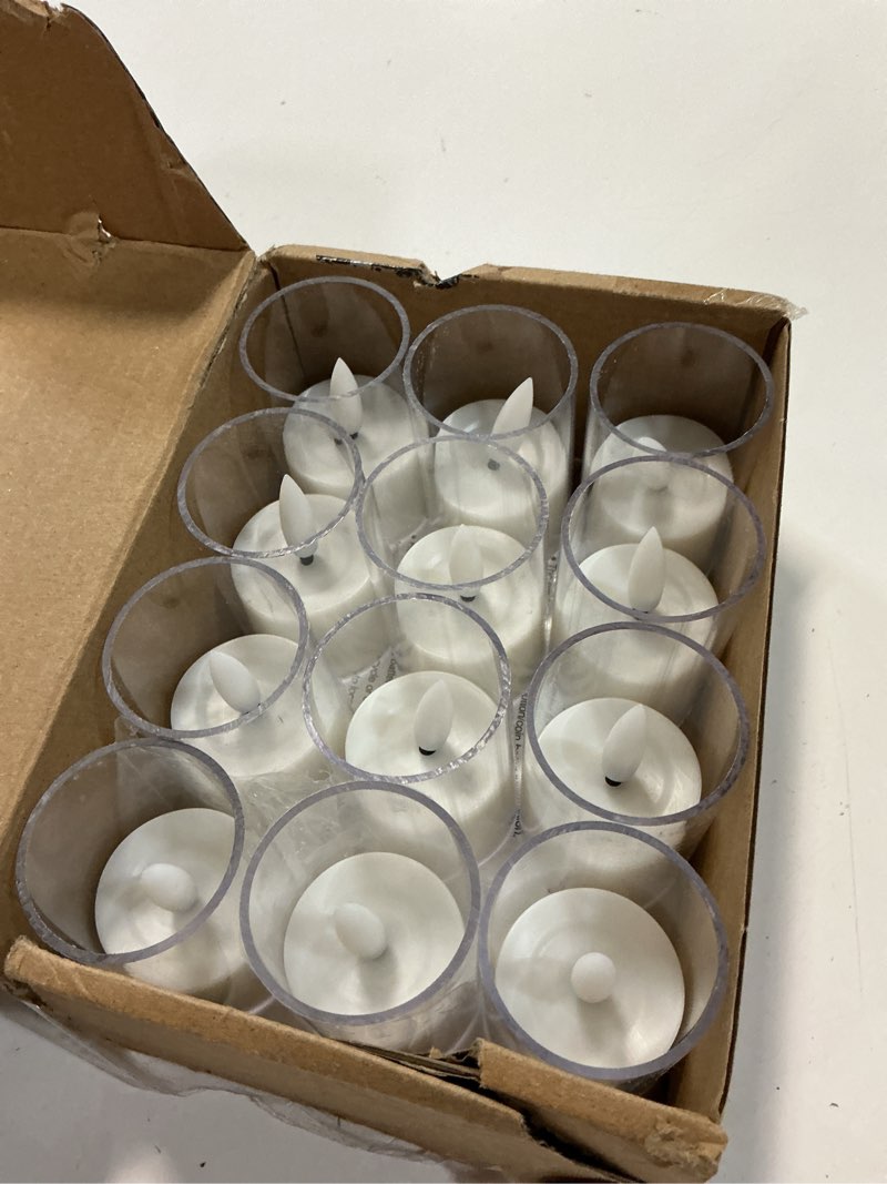 Condition photo showing New/Like New for homemory acrylic led votive candle with auto timer, 1.5" x 2.4" flameless led tealight, battery powered fake electric candles for wedding centerpiece, table, christmas decor (12pack) warm white light (12 pack)