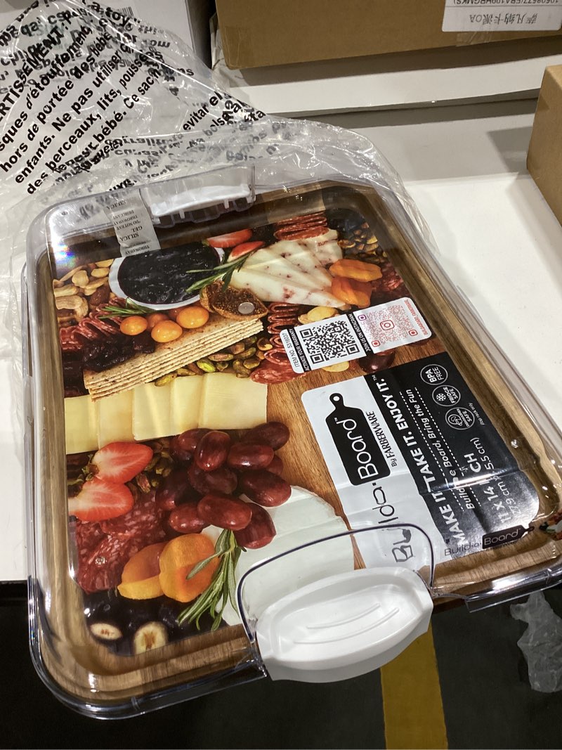 Condition photo showing Good Condition for farberware acacia wood cutting board with clear locking lid, 11x14 inch charcuterie board with compartments, reversible serving board for cheese, meats, fruits and snacks - make it, take it, enjoy it white multiple compartments