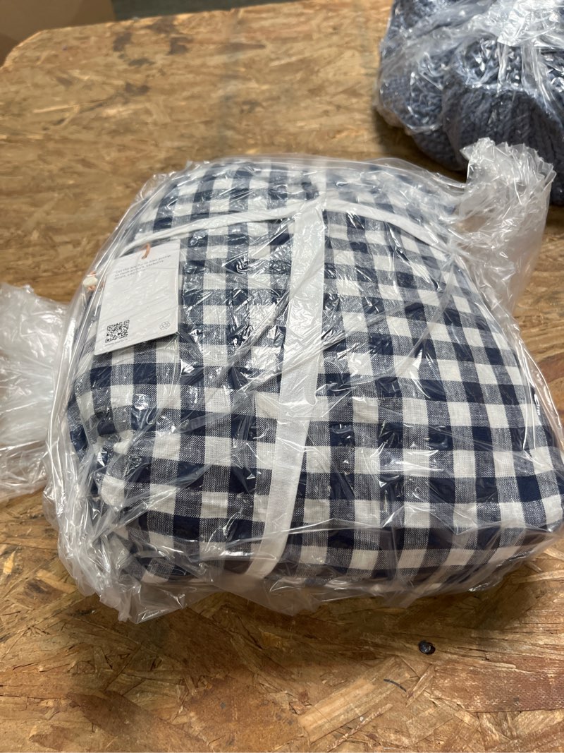 Condition photo showing Good Condition for european linen gingham duvet cover set, full/queen, navy gingham