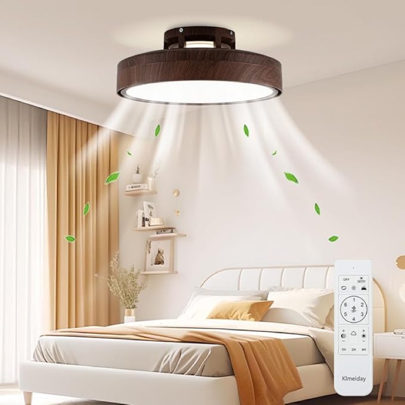 ceiling fans with lights and remote, flush mount modern bladeless ceiling fan with light, 6 speeds, stepless dimming and cct 3000k-6000k led lights for bedroom, study room (walnut, 17.7?) walnut 17.7?