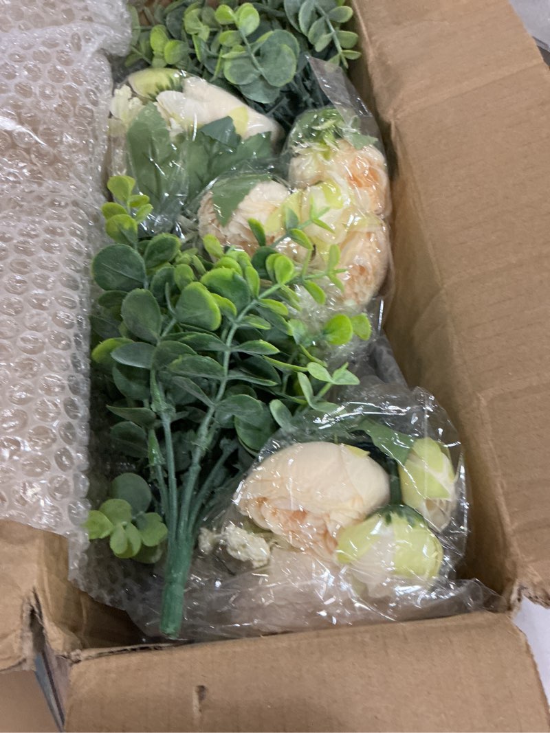 Condition photo showing New/Like New for dahey centerpiece table decorations for dining room farmhouse table centerpieces decor wood tray with 3 artificial flowers and 2 eucalyptus for living room kitchen table, 14.1" x 4.7" x 3.1" champagne