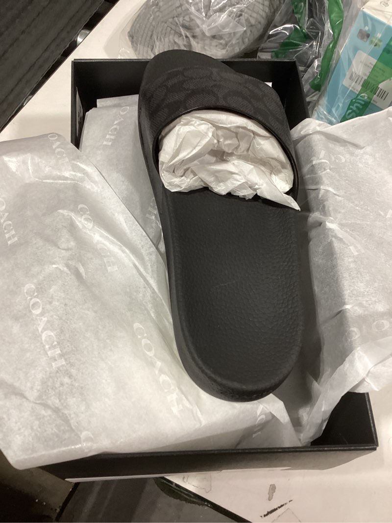 Condition photo showing item condition for coach mens slide sandal charcoal signature 8