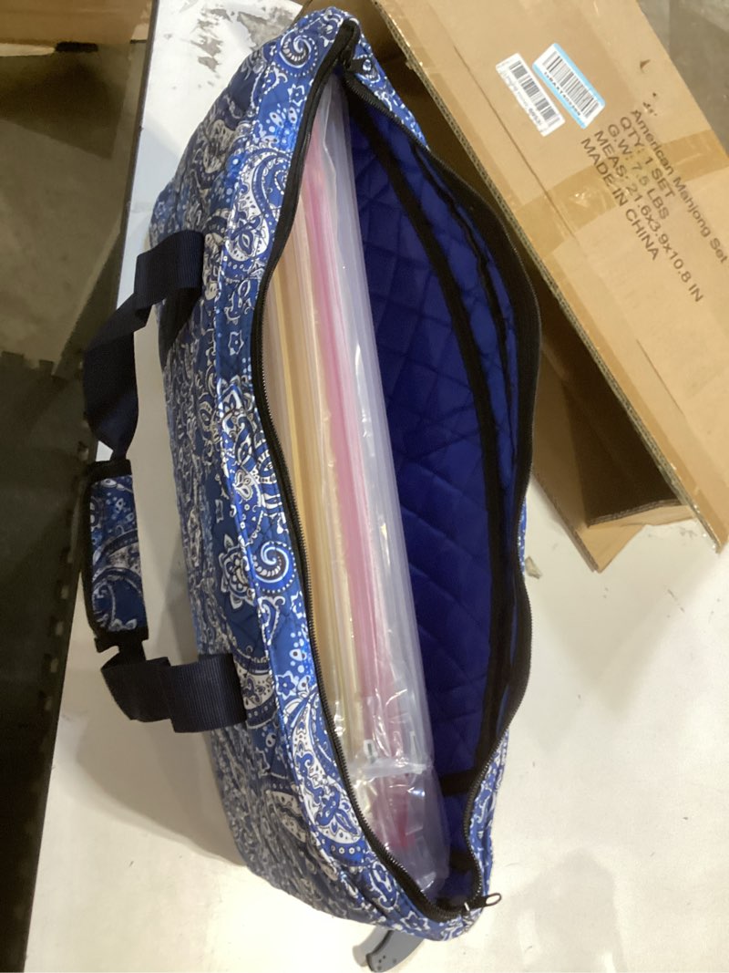 Condition photo showing Good Condition for american mahjong game set, 166 quality white tiles, 4 all-in-one color rack/pushers, mahjong tile set with blue printed carrying bag