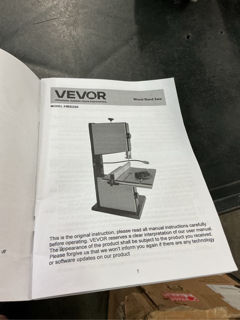 Condition photo showing As Is for VEVOR Band Saw, 10-Inch, Two-Speed Benchtop Bandsaw with 373W 1/2 HP Motor, 6 in Max Cutting Height, 13.2 x 13.4 in Cast Iron Table, with 360° Work Light, Miter Gauge, Fence, Band Saw for Woodworking