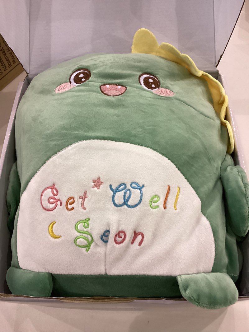 Condition photo showing Good Condition for Get Well Soon Gift for Kids Boys, Feel Better Gifts for Kid, 12'' Get Well Soon Dinosaur Plush Pillow & Soft Cozy Flannel Throw Blanket, Dinosaur Gifts Set for Boy, Kids Get Well Baskets Dinosaur Style