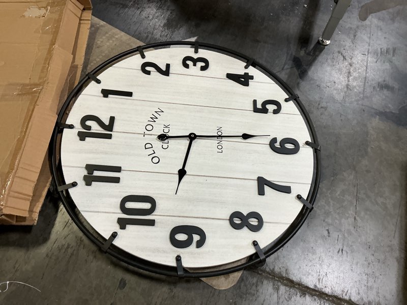 Condition photo showing As Is for Farmhouse White 30 Inch Wooden Large Wall Clock, Silent Non-Ticking Quartz Movement, Battery Operated Modern Rustic Clock for Living Room, Kitchen, Office, Home Decor