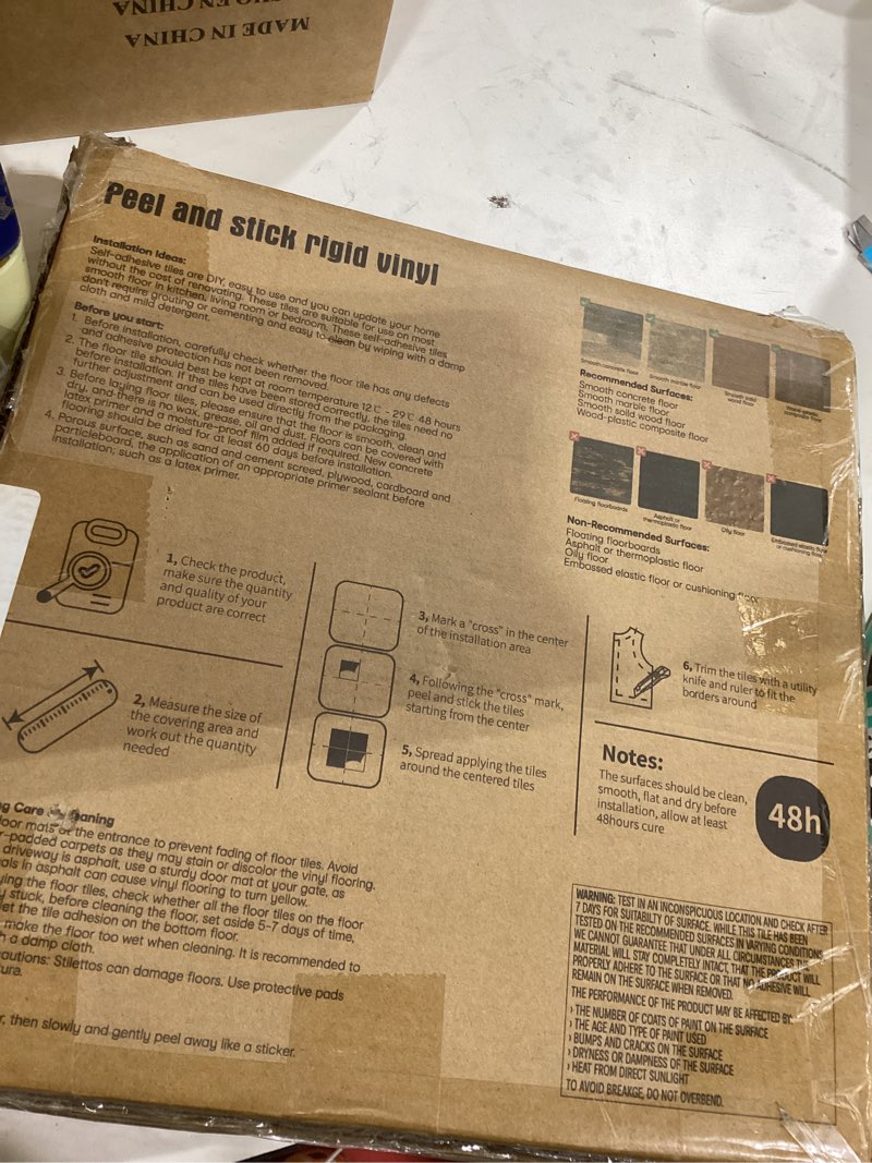 Condition photo showing Good Condition for LONGKING 30-Pack 12×12in Vinyl Flooring Tiles - Effortless Peel and Stick Floor Tiles for Kitchen, Dining Room, Bedrooms, 30 Sq. Ft (Brown Segment)