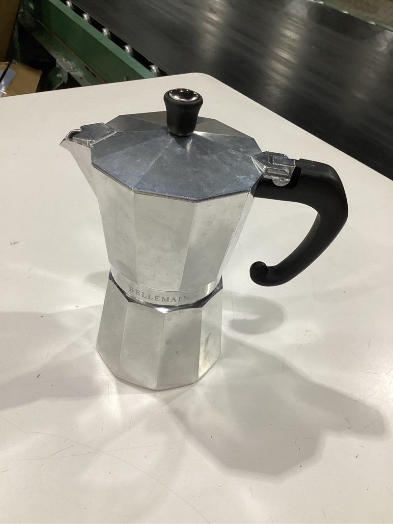 Condition photo showing Good Condition for bellemain stovetop espresso maker | italian moka pot espresso maker, classic aluminum design mocha pot for home brewing & camping | easy to use & clean - 6-cup, silver silver 6 cup
