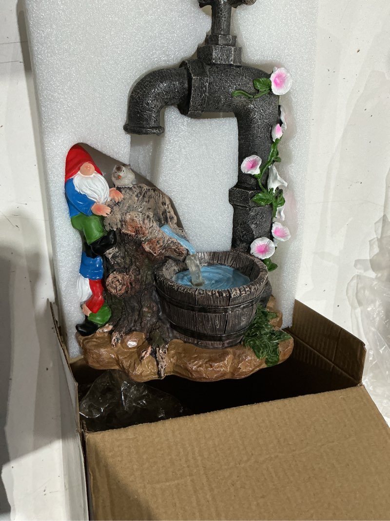 Condition photo showing New/Like New for solar garden gnomes statues outdoor yard decorations, 10" resin fountain gnome outside christmas art decor for lawn patio porch backyard,unique housewarming gifts for women mom grandma