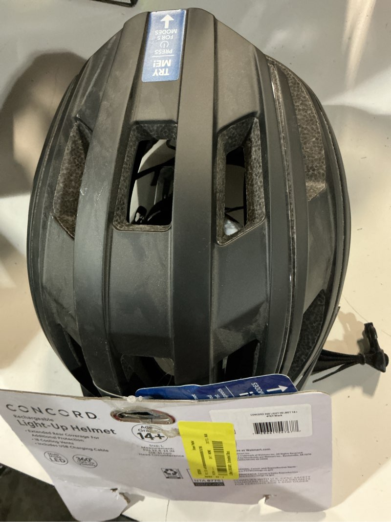 Condition photo showing As Is for concord 360 degree rechargeable light-up black bike helmet  e-bike certified  ages 14+