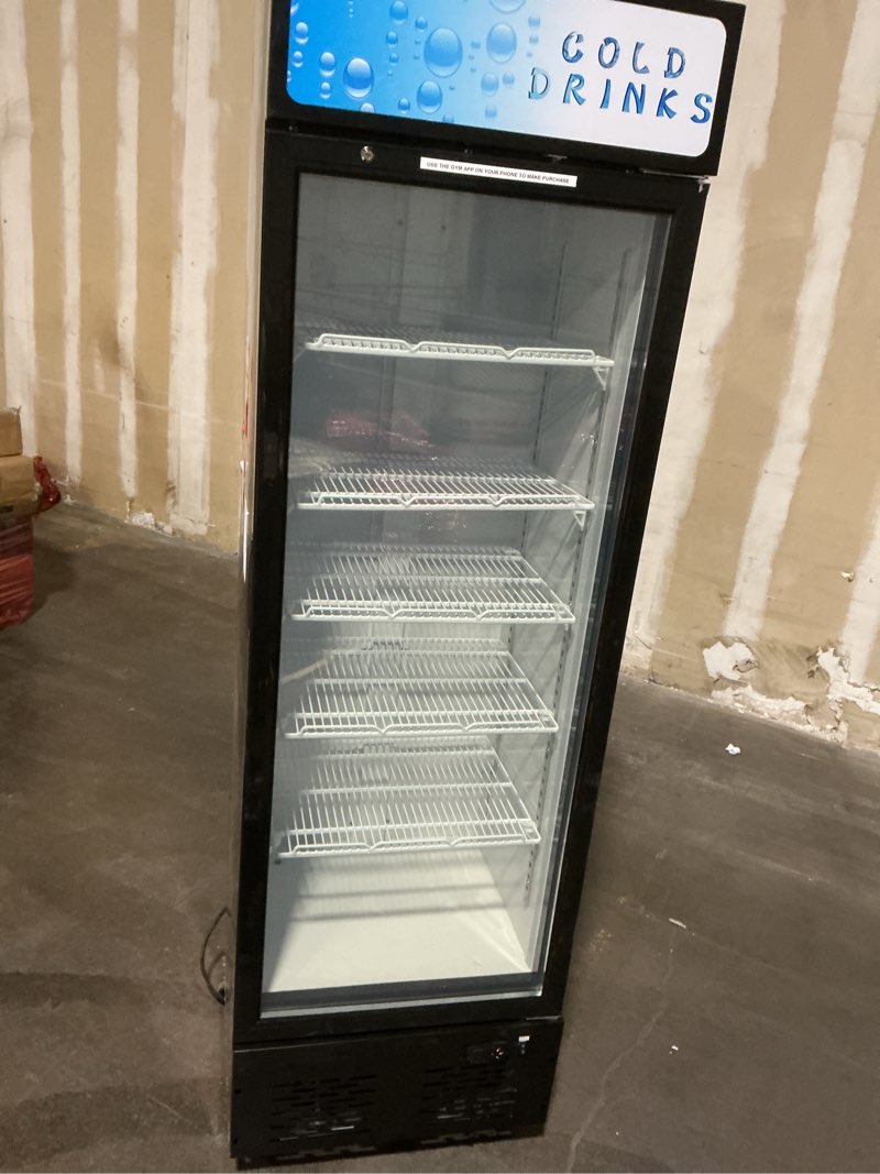 Condition photo showing As Is for Commercial Display Refrigerator Glass Door 15 cu.ft Commercial Beverage Refrigerators with LED and 5 Shelves for Cafe, Restaurant, Store 15.1CU.FT