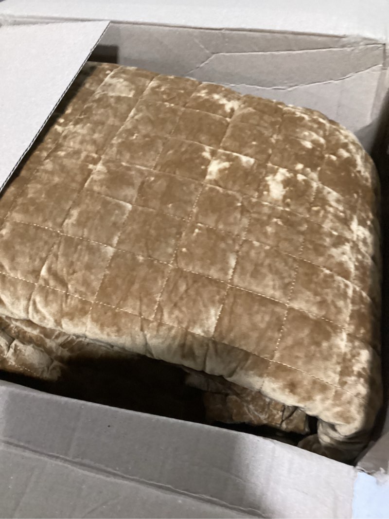 Condition photo showing Good Condition for recyco channel box stitch velvet quilt set, king size, caramel gold | ultra soft lightweight velvet comforter, luxury oversized bedspread coverlet, quilted bedding set for all season with 2 shams king/cal king (108" x 92") caramel gold