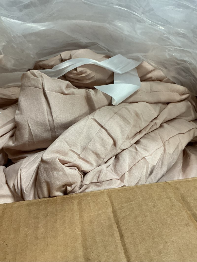 Condition photo showing As Is for comfort spaces blush cal king size comforter set - 3 pieces pintuck pleated bedding sets, all season lightweight, extra softness pre-washed microfiber cal king bed set, shams, cal king california king blush