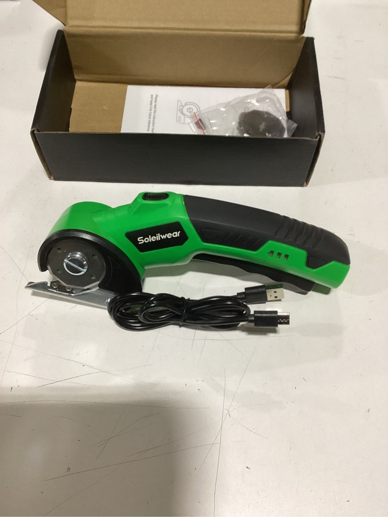Condition photo showing New/Like New for Cardboard Cutter, Rechargeable Cordless Electric Scissors, 4V Upgrade Motor Electric Box Cutter with 2 Blades, Safety Lock & LED Light, Powerful Cutting for Cardboard Box, Plastic, Leather Green