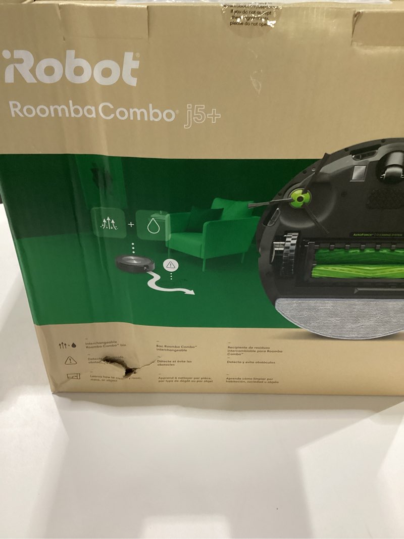Condition photo showing New/Like New for iRobot Roomba Combo j5+ Self-Emptying Robot Vacuum & Mop – Identifies and Avoids Obstacles Like Pet Waste & Cords, Empties Itself for 60 Days, Clean by Room with Smart Mapping, Works with Alexa? 60-day Wet Dry, NOT TESTED