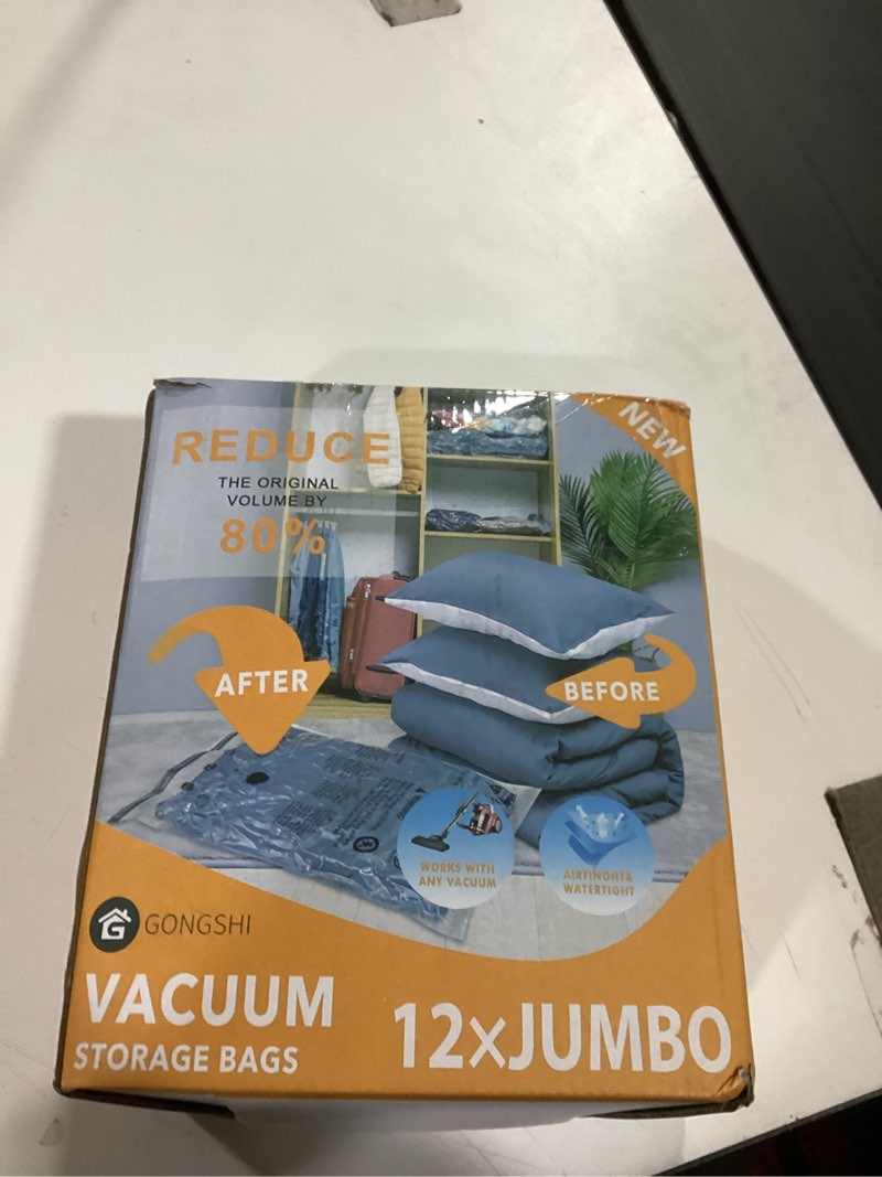 Condition photo showing New/Like New for Vacuum Storage Bags Jumbo (12 x Jumbo),Plastic Packaging Bags,Space Saver Sealer Compression Bags for Blankets, Comforters, Pillows, Bedding,Clothes Storage 12 Jumbo