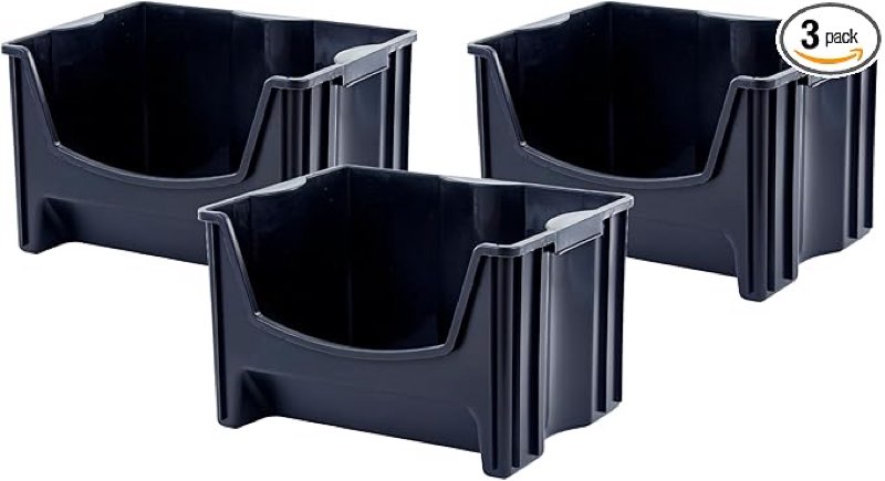 United Solutions MightyTuff Jumbo Stackable Storage Bins,Easy-Access Storage, Large Easy-To-Grip Handles, Wide Front Opening, Interlocking, Stack Vertically, Black, Pack of 3