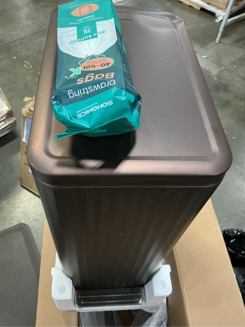Condition photo showing Good Condition for songmics trash can, 13 gallon (50 l) slim, stainless steel, with lid, pedal | garbage can for kitchen, with soft close, removable inner bucket, 15 trash bags (code k) included, brown ultb350mz01 new version 13 gallon (slim) brown