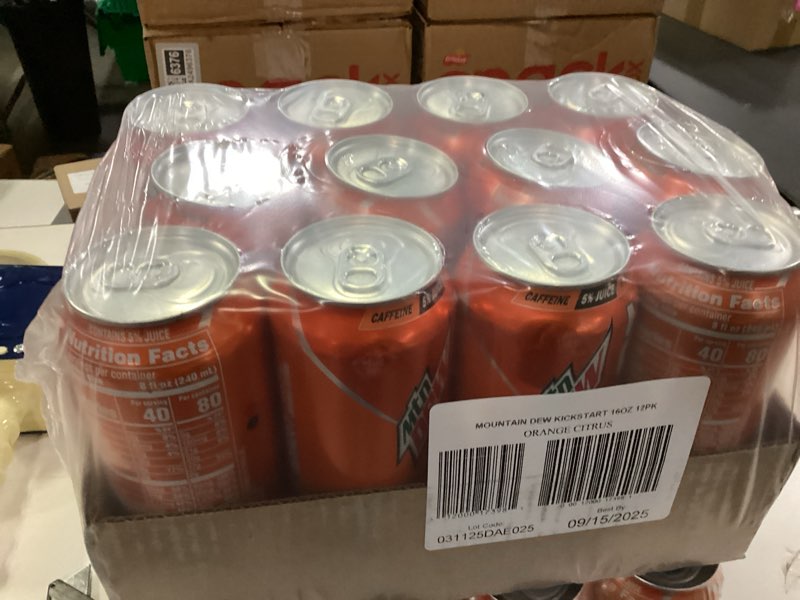 Condition photo showing New/Like New for Mountain Dew Kickstart, Orange Citrus, 92mg Caffeine, Vitamins B & C, 80 Calories, 5% Juice, 16 Fl Oz (Pack of 12) Orange Citrus 16 Fl Oz (Pack of 12) (best by 9.15.25)