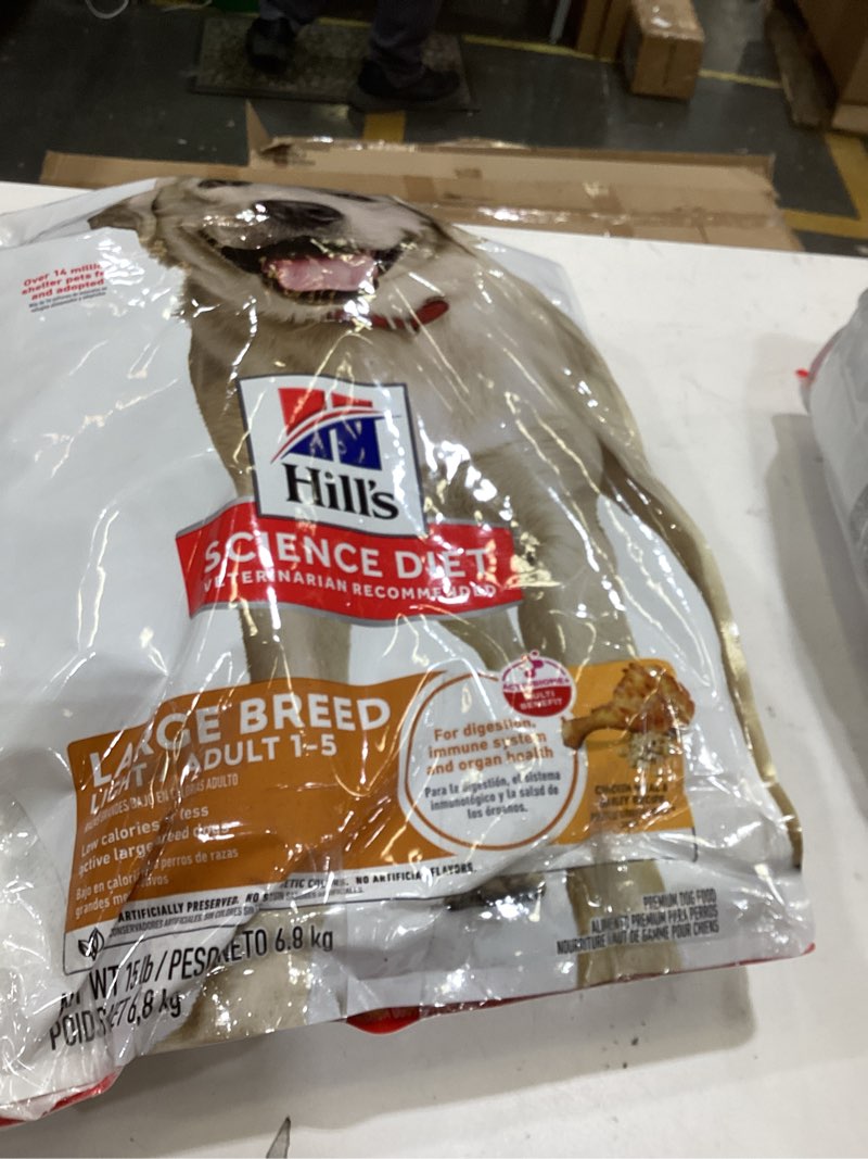 Condition photo showing As Is for hill's science diet dry dog food, adult, large breeds, light, chicken meal & barley recipe for healthy weight & weight management, 15 lb. bag