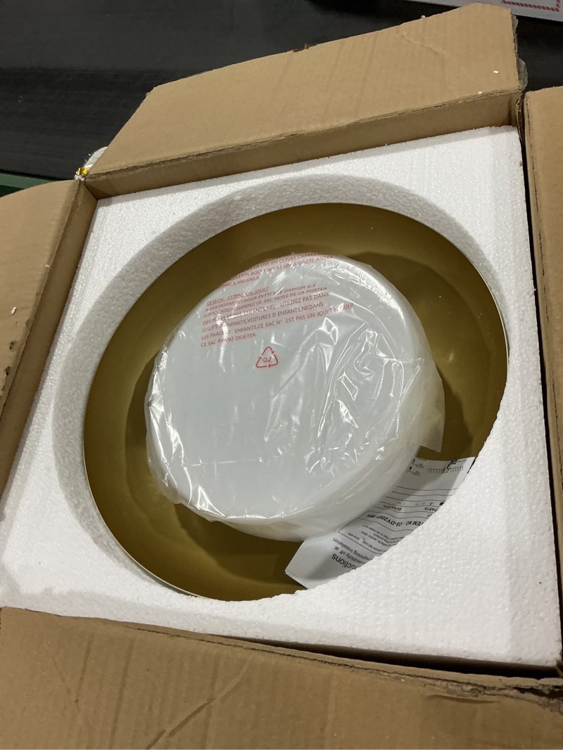 Condition photo showing New/Like New for 15in LED Flush Mount Ceiling Light, 28W Dimmable Ceiling Light Fixtures with Frosted Glass, White and Gold Finish Modern Ceiling Light for Bedroom Kitchen Living Room, 3CCT, OS-DY2001-WH