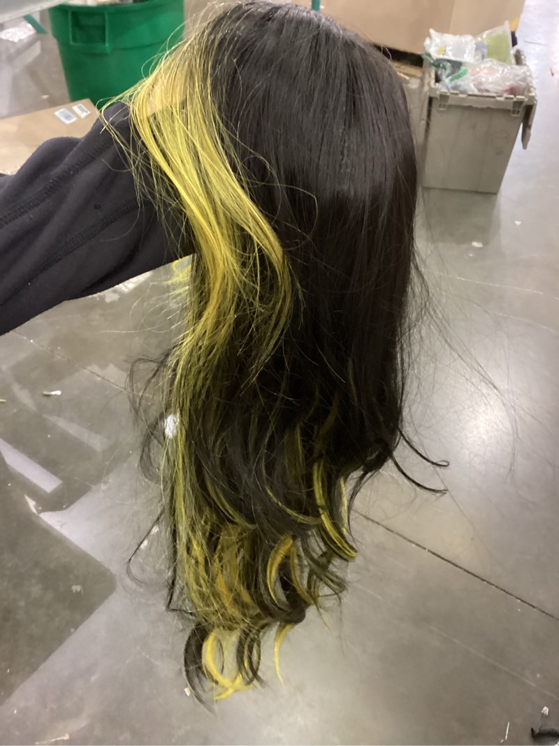 7JHH WIGS 28in Natural Black Long Wavy Bangs Yellow Highlight Wigs Natural Mixed Lemon Yellow Highli