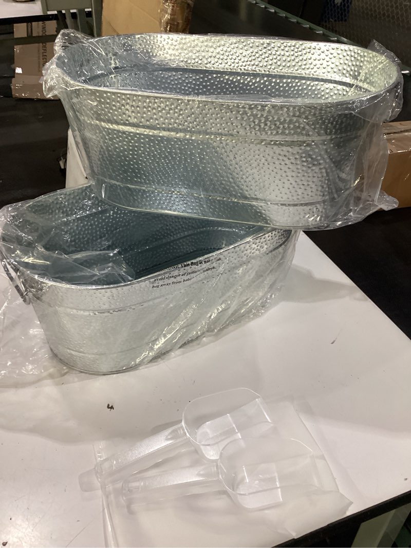 Condition photo showing New/Like New for 2 pack galvanized tub ice bucket large metal drink buckets for parties beer beverage tub with carry handles for champagne cocktails wine cooling for mimosa bar supplies 3 gallon