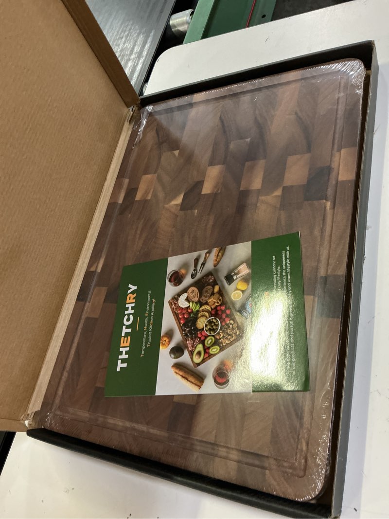 Condition photo showing New/Like New for thetchry walnut cutting boards for kitchen, end grain wooden chopping board with juice groove, charcuterie butcher block for meal prep & serving with gift box, 16.5" x 11.6" x 0.8" walnut 16.5"l x 11.6"w
