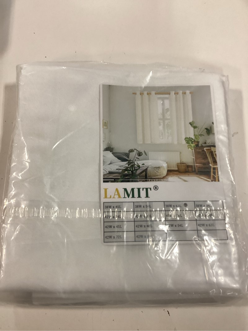 Condition photo showing New/Like New for LAMIT White 100% Blackout Linen Curtains, 63 Inches Linen Textured Thermal Bedroom Curtains Back Tab and Rod Pocket Neutral Panels with White Liner for Short Windows, 2 Panels, 38 x 63 Inch 38"W x 63"L (Pack of 2) White