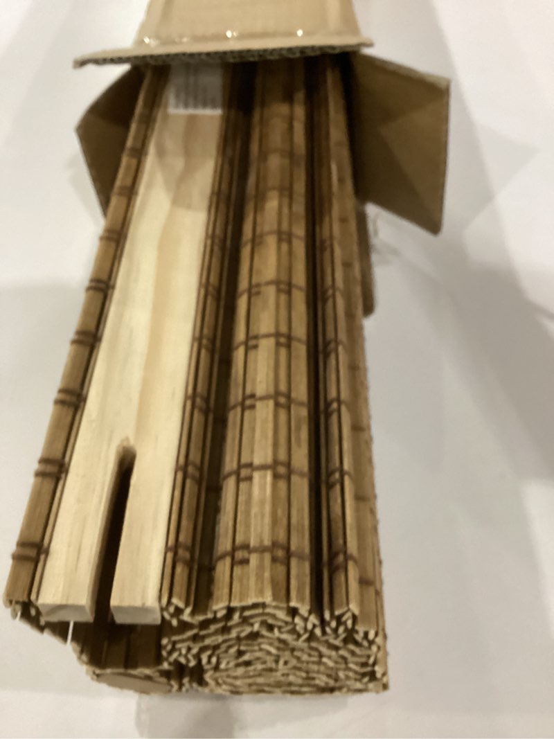 Condition photo showing Good Condition for lazblinds cordless bamboo roman shades, privacy blinds for interior windows, room darkening roll up bamboo blinds for home & patio, 22.5" w x 48" h, highfield teak pricacy - highfield teak 22 1/2" w x 48" h