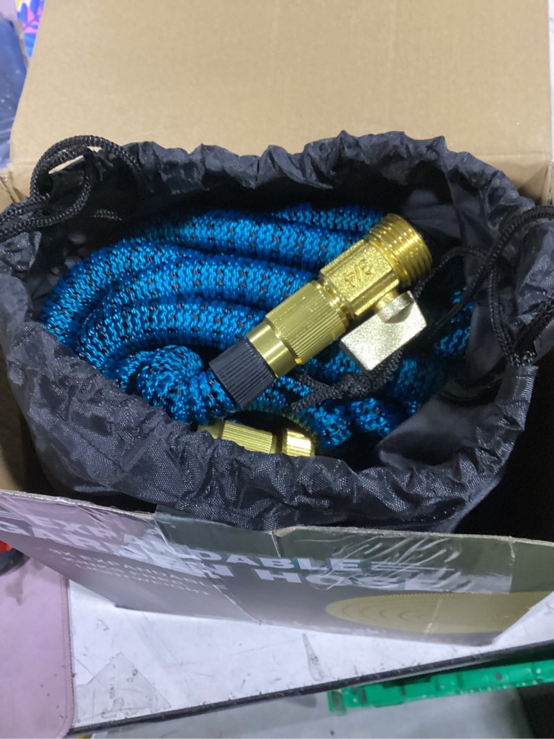 Condition photo showing As Is for 100ft garden hose, lightweight flexible water hose, 5/8" kink free leak proof hose, heavy duty 96-layer woven with 3/4" brass fittings, 10 function nozzle for yard lawn outdoor car wash(blueblack) 100ft blue black