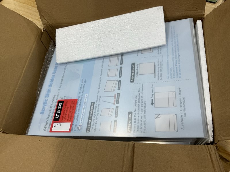 Condition photo showing Good Condition for 8.5 x 11, clear plastic display stands for tabletop, l-shape acrylic stands for flyers, documents, office, restaurants, vertical sign holder 8.5x11 for desktop