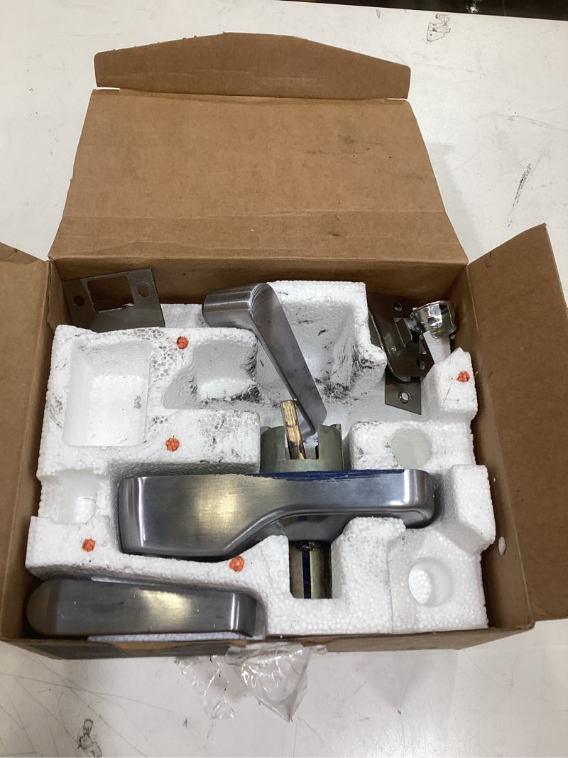 Condition photo showing As Is for schlage plymouth keypad lock with lever handle, electronic keyless door entry, auto?lock enabled, satin chrome, fe575 ply 626 ela satin chrome elan lever plymouth trim