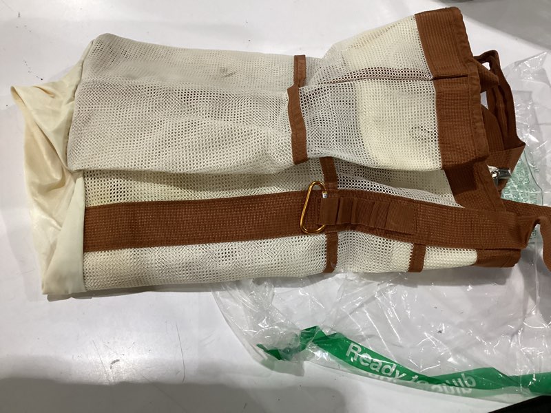 Condition photo showing As Is for 2026 stylish & spacious xx-large beach bag for women – mesh × canvas tote with top zipper, 11 tall pockets | 40l+ spacious, 11 tall pockets, zipper pouch, secure zip-top, sand-resistant base white and brown