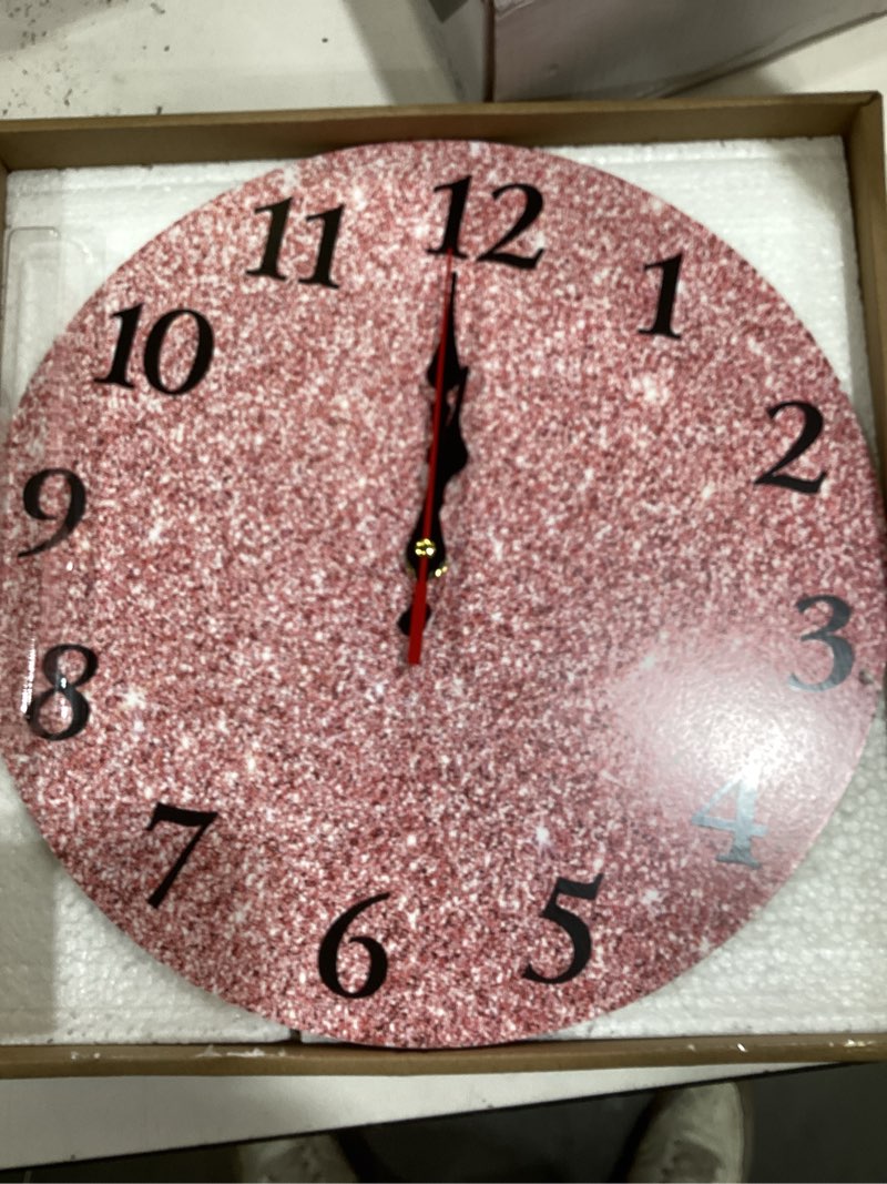 Condition photo showing New/Like New for Britimes Round Wall Clock Silent Non-Ticking Battery Operated Clock 12 Inch, Rose Gold Pink Glitter Home Decor for Living Room, Bathroom, Bedroom, Kitchen, Office and School 12" Pink Glitter