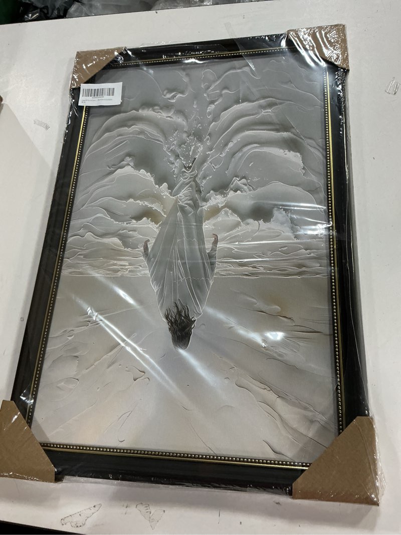 Condition photo showing New/Like New for Jesus Walking on Water 3D Textured Wall Art, Modern Christian Decor for Bedroom & Living Room, Stylish Black Frame, Ready to Hang - 16x24 Inches Black Framed 16"L x 24"W