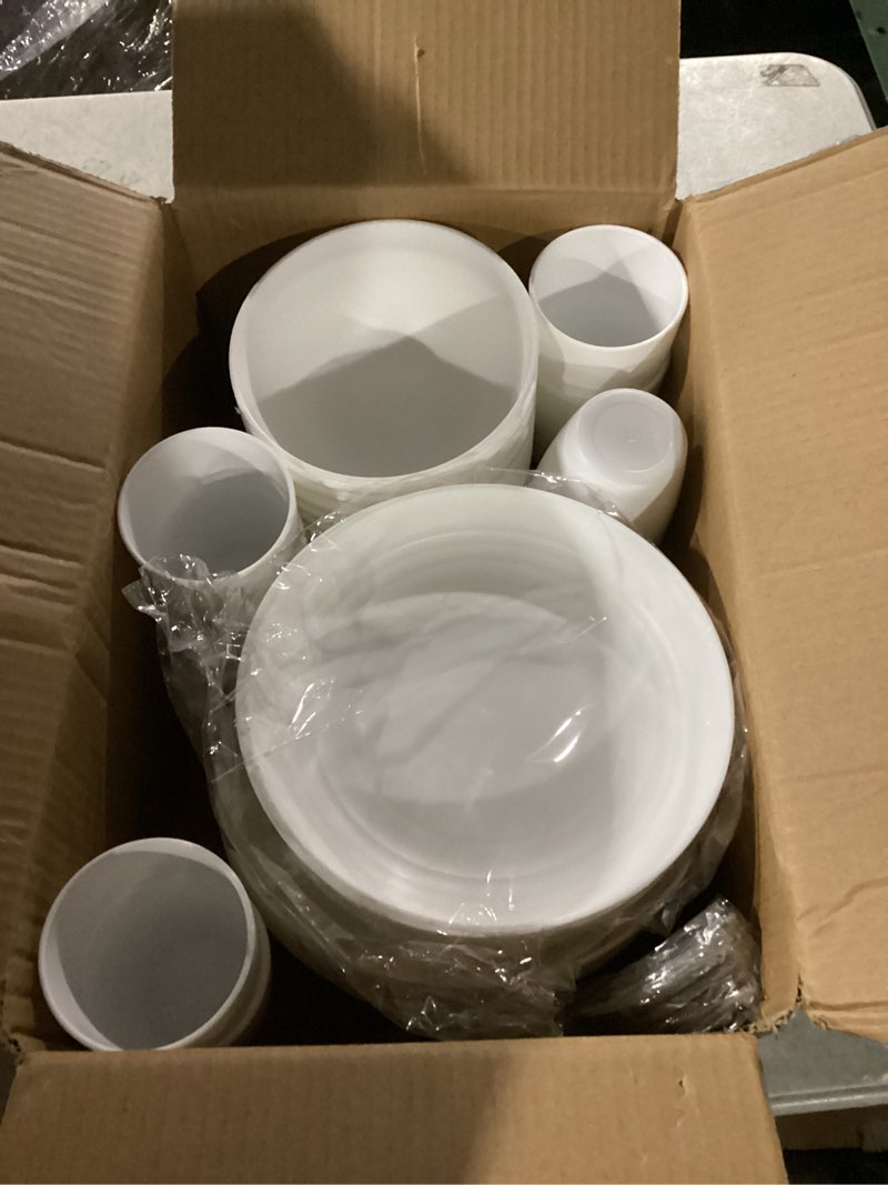 Condition photo showing Good Condition for SIMILAR TO STOCK PHOTO. White Plate Set Dishes Set for 8 includes Dinner Plates,Pasta Bowls,Soup Bowls and Drinking Cups,Unbreakable White Dining Dishware Sets Microwave Dishwasher Safe For Kitchen Dorm Office Outdoor,32PCS