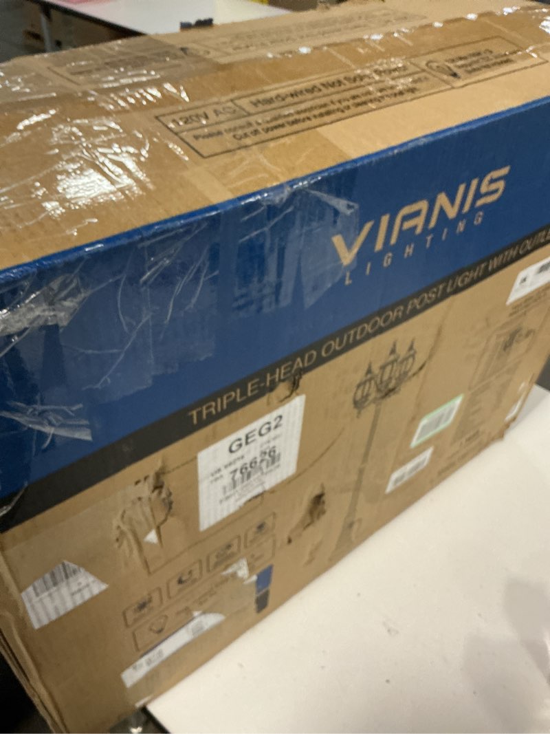 Condition photo showing Good Condition for vianis 3-head outdoor lamp post light with outlet, triple head black street light pole with dusk to dawn sensor, waterproof 100% aluminum modern pole lighting fixture for porch, garden, yard, driveway dusk to dawn with outlet