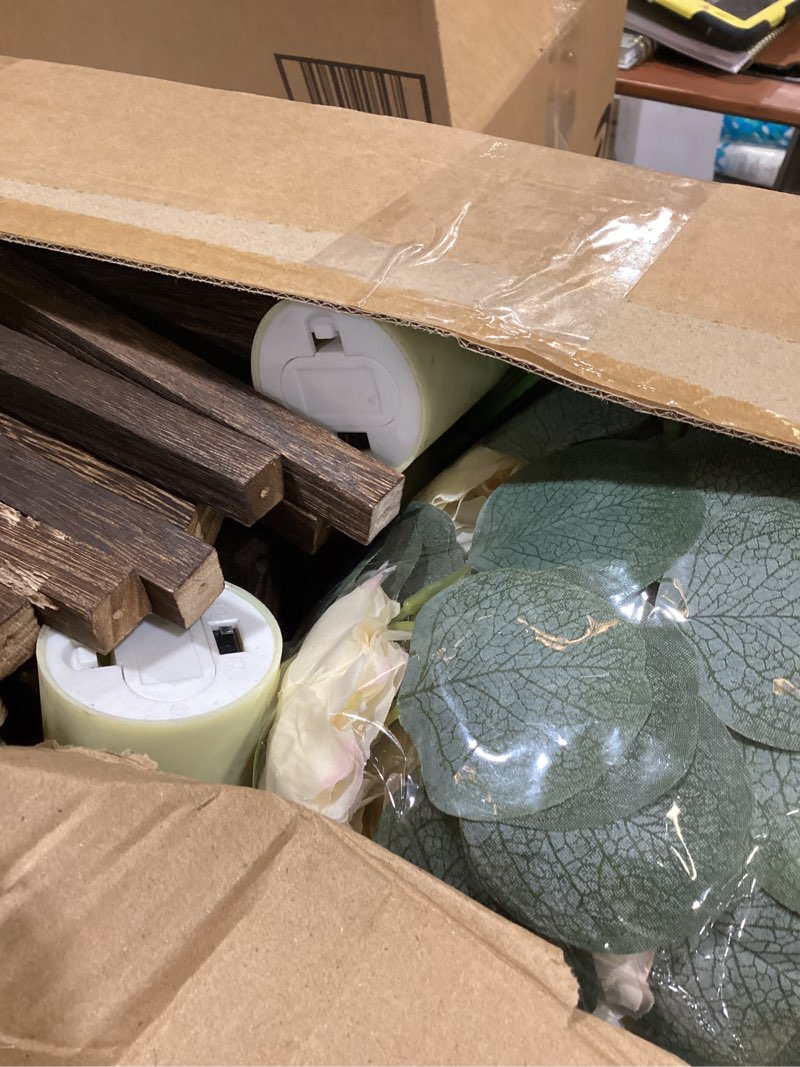 Condition photo showing New/Like New for Sabary 45Pcs/15 Set Wooden Wedding Lantern Centerpiece, Include 15 Candle Holder 15 LED Candle 15 Eucalyptus Leave Wreath for Rustic Wedding Table Decoration, Country Barn Table Valentine Decor, Party
