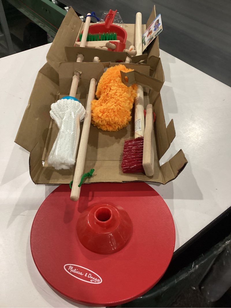 Condition photo showing New/Like New for melissa & doug dust sweep mop 6-piece pretend play set, toddler toy cleaning, pretend play home cleaning, kids broom and mop set for ages 3+