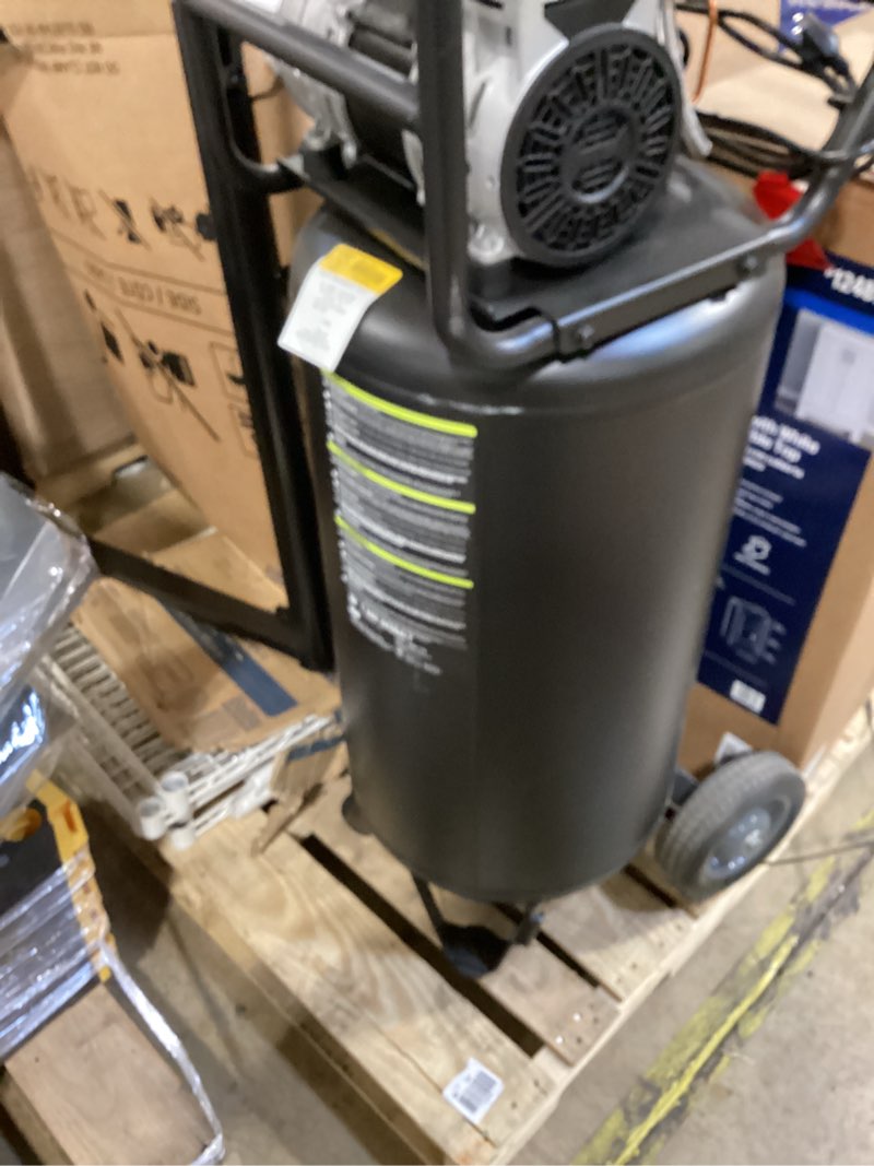 Condition photo showing As Is for kobalt quiet tech 26-gallon portable electric 150 psi vertical air compressor