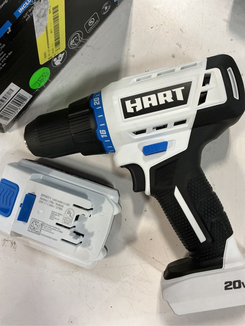 Condition photo showing As Is for hart 20-volt cordless 1/2-inch drill/driver kit, (2) 1.5ah lithium-ion batteries, gen 2