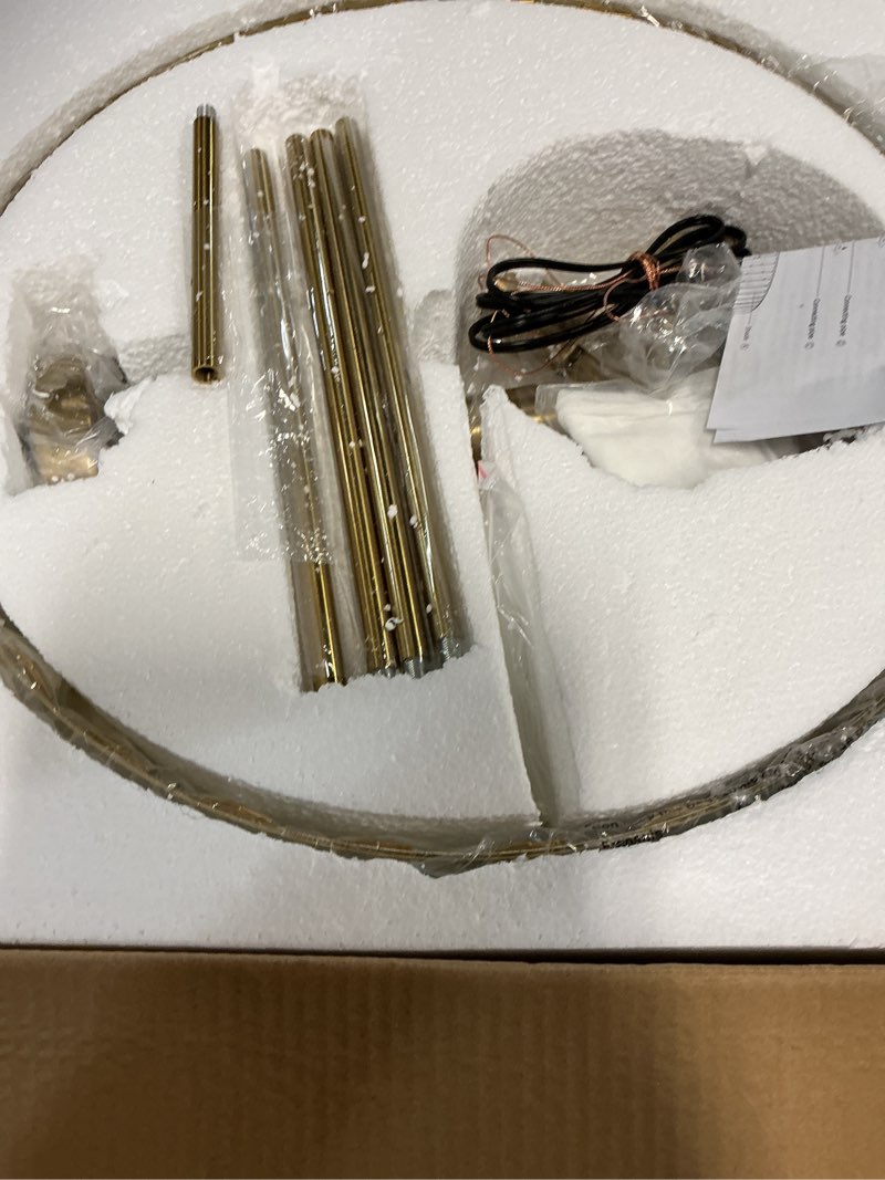 Condition photo showing Good Condition for gold crystal chandelier for dining room, 6-light modern semi flush mount ceiling lighting fixtures, round kitchen fixtures ceiling, hanging drum pendant lights for living room bedroom foyer, 19in, e26 gold 6 light