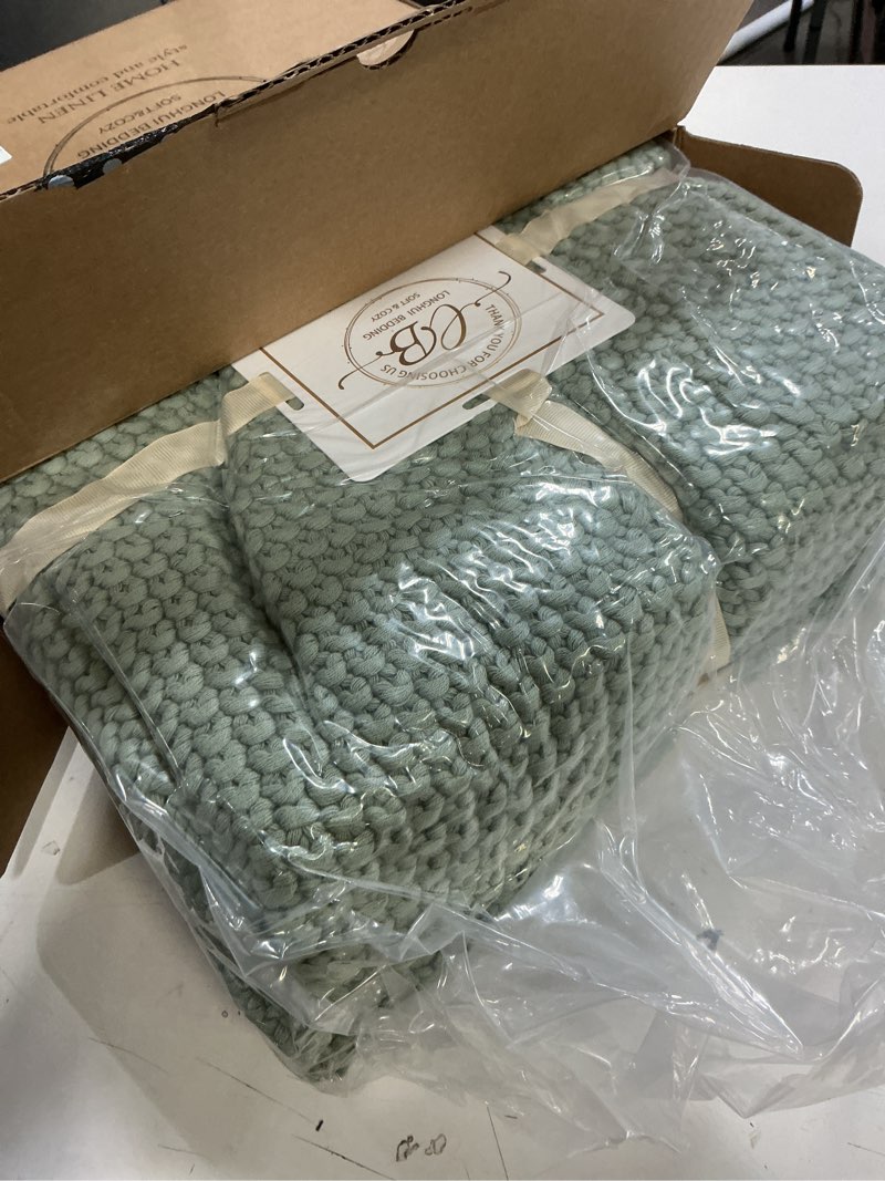 Condition photo showing New/Like New for chunky cable knit throw blanket lightweight light green 100% organic cotton blanket for sofa couch bed baby nursery, rustic shabby chic modern farmhouse, 60” x 80” bonus laundering bag light green 60"x80", oversize